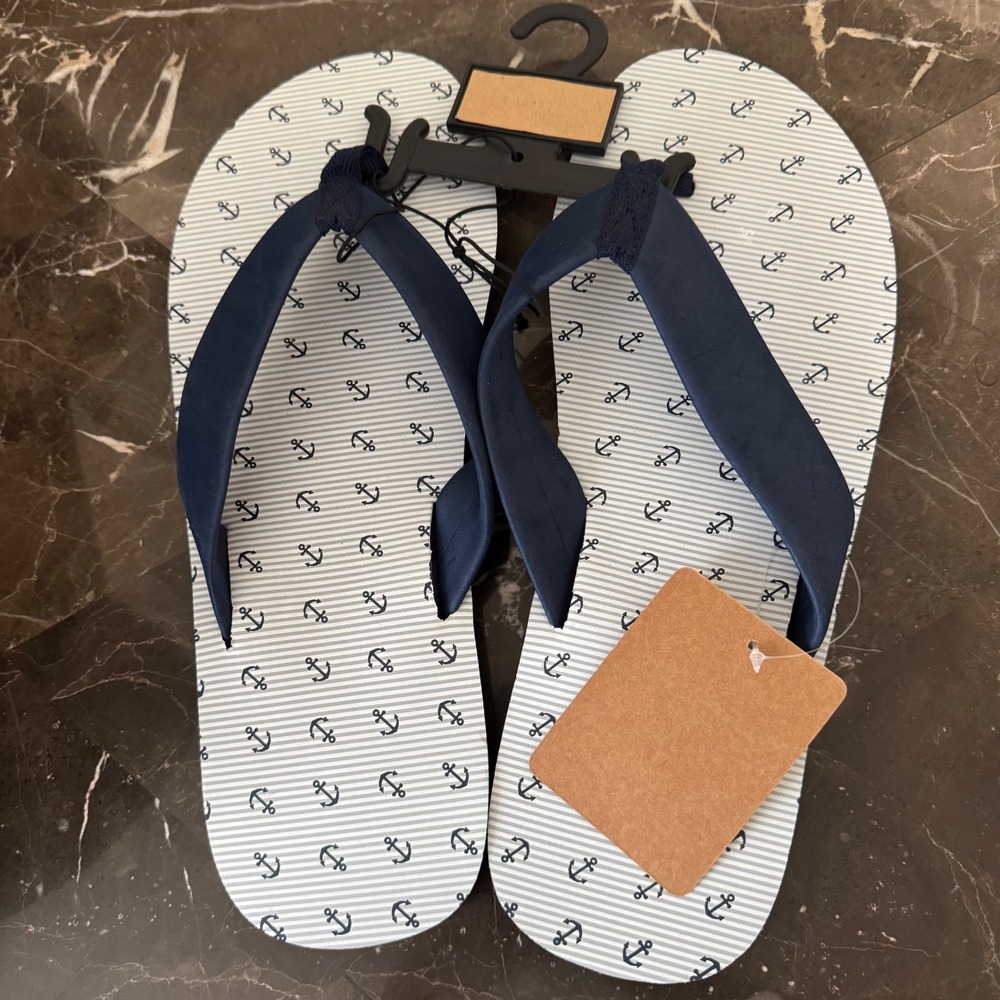 Mens Nautical Anchor Print Flip Flop Sandals Navy White XL RN129919 Beach Shoes